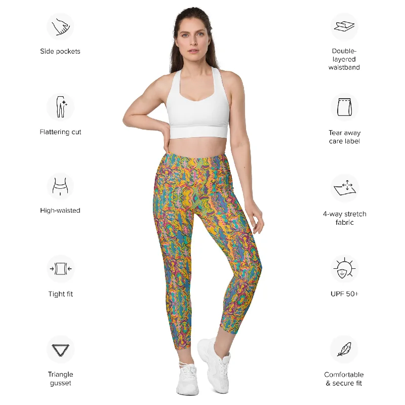 Yellow wimsical design Yoga Leggings with pockets