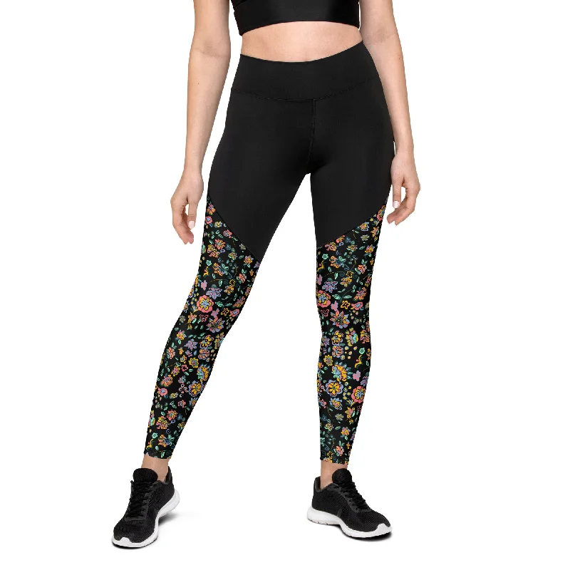 Vibrant Floral on black Sports Leggings