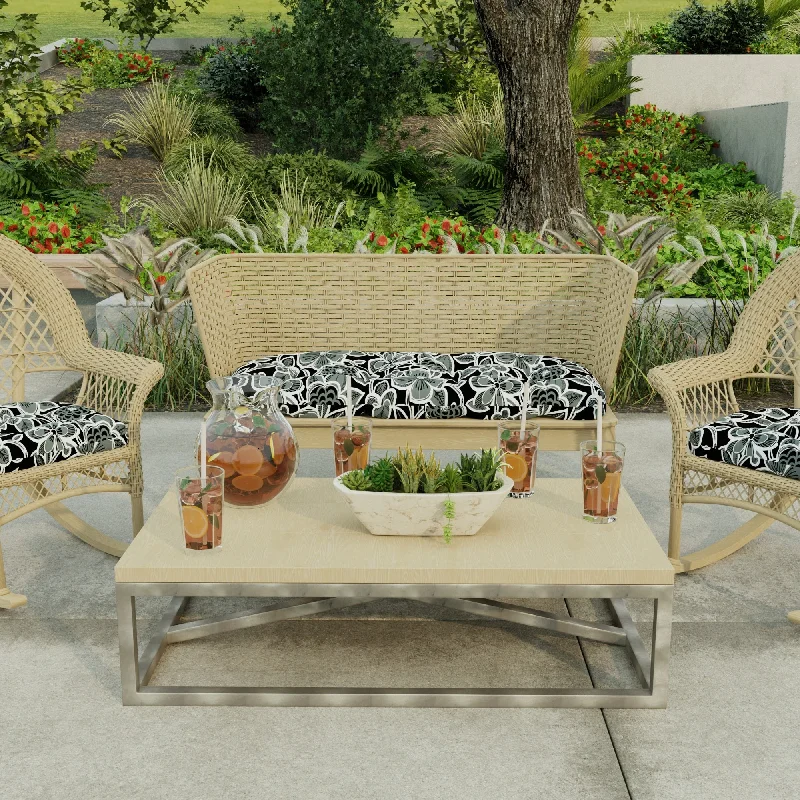 44" x 18" Black Floral Contoured Outdoor Wicker Bench Cushion - 18'' L x 44'' W x 4'' H