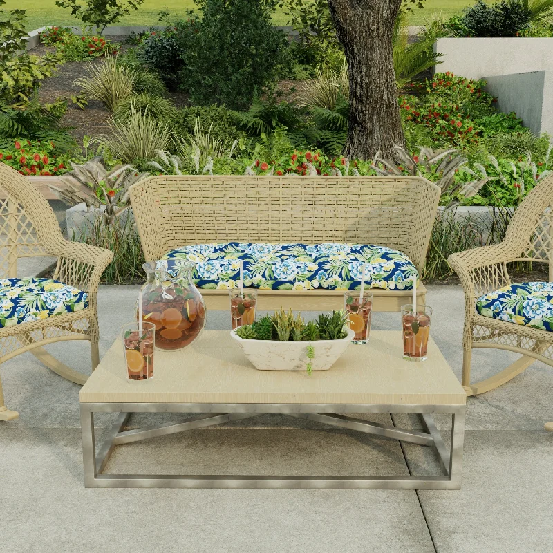 44" x 18" Blue Floral Contoured Outdoor Wicker Bench Cushion - 18'' L x 44'' W x 4'' H