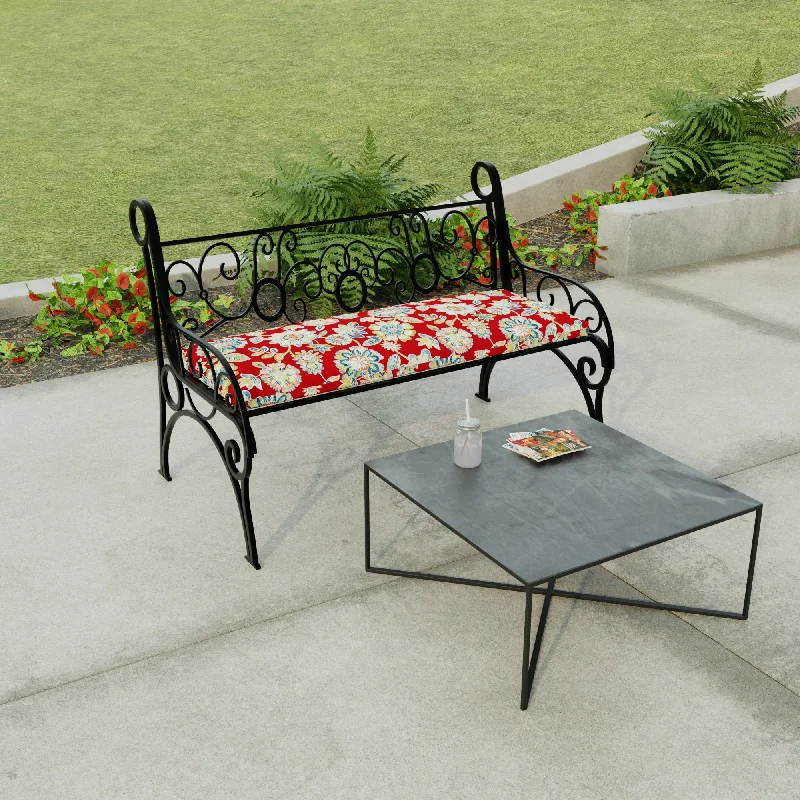 48" x 18" Red Floral Outdoor Bench Cushion with Ties - 18'' L x 48'' W x 3.5'' H