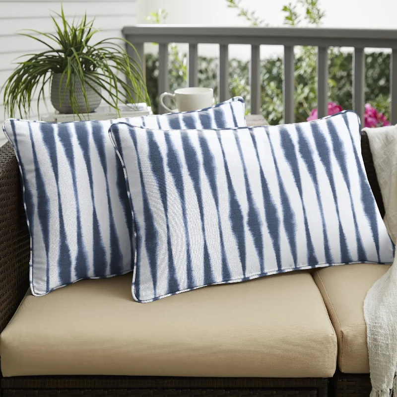 Sorra Home Blue and White Ikat Stripe Indoor/Outdoor Corded Lumbar Pillows (Set of 2)