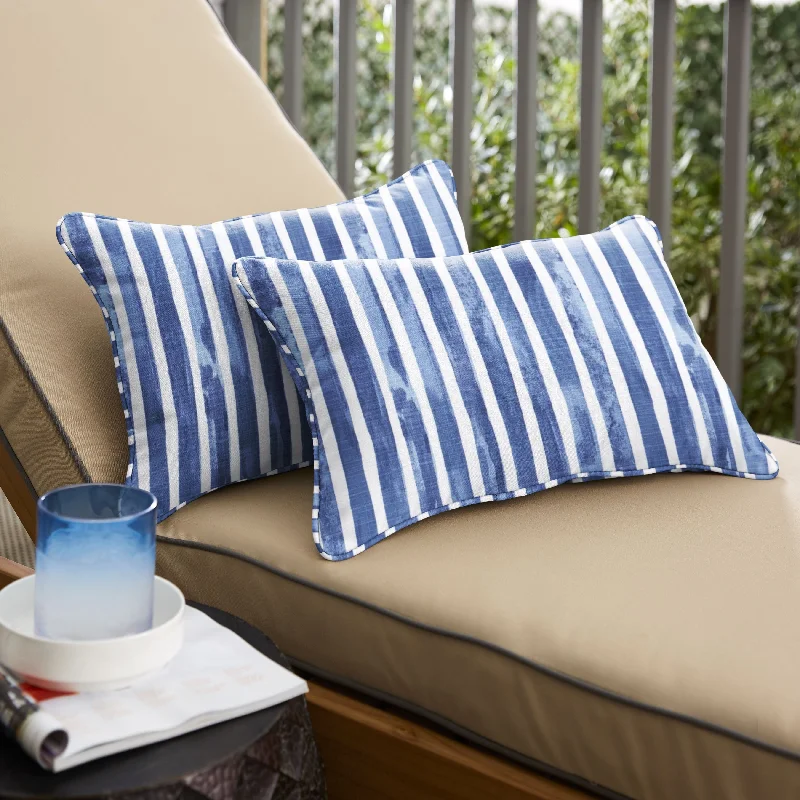 Sorra Home Blue and White Stripe Indoor/Outdoor Corded Lumbar Pillows (Set of 2)