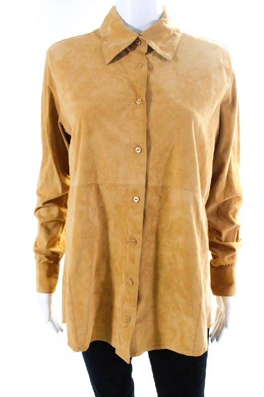 In Transit 2 Womens Long Sleeve Suede Button Up Shirt Blouse Tan