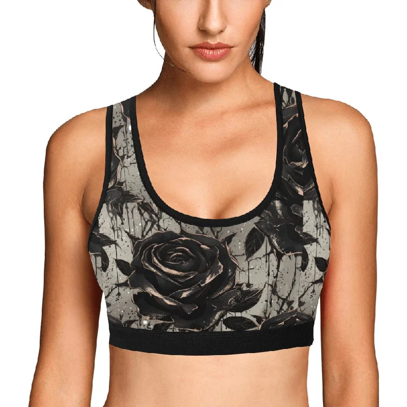 Gothic Stylized Black Rose Sports Bra