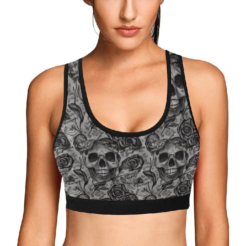 Gray Skull And Rose Sports Bra