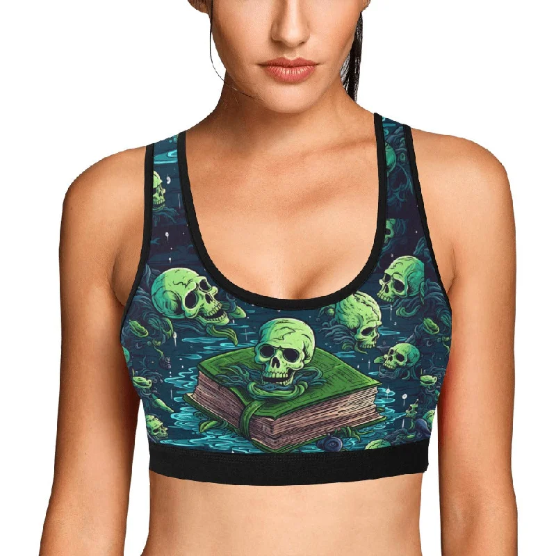 Green Skull And Spell Book Sports Bra